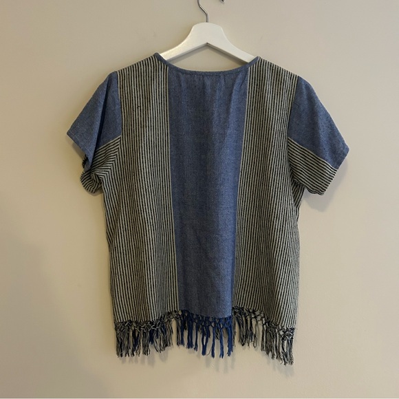 Apiece Apart Navy Blue White Stripe Top Boho Fringe Silk Contrast Short Sleeve - Picture 7 of 8